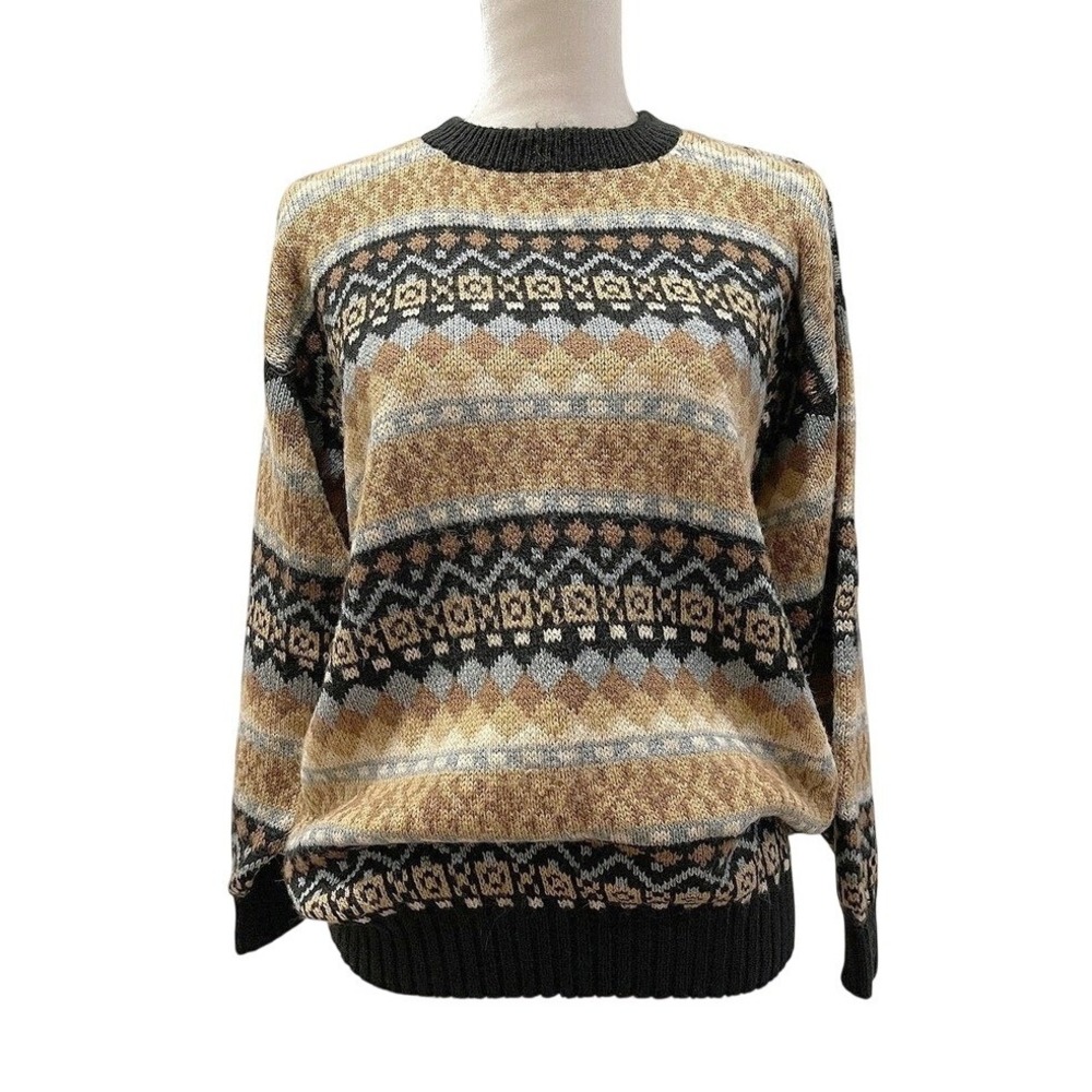 100% Wool Womens M Grandpa Knit Sweater Nordic Cabincore Cozy Fair Isle Alpaca